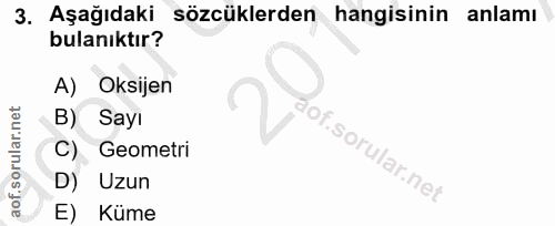 3. soru: Aşağıdaki sözcüklerden hangisinin anlamı bulanıktır? A) Oksijen B) Sayı C) Geometri iof. D) Uzun E) Küme