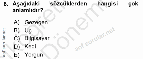 6. soru: Aşağıdaki sözcüklerden hangisi çok anlamlıdır? A) Gezegen B) Uç oner C) Bilgisayar D) Kedi E) Yorgun