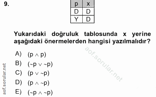 9. soru: D D D Yukarıdaki doğruluk tablosunda x yerine aşağıdaki önermelerden hangisi yazılmalıdır? A) (p ^ p) B) (~p v ~p) i.…