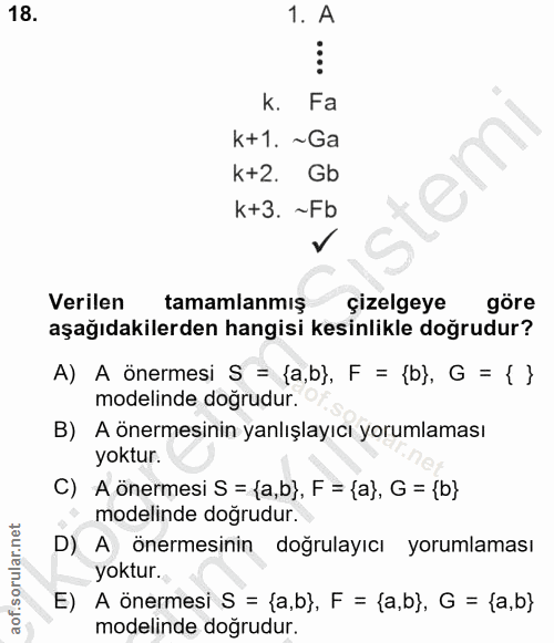 18. soru: 1. A k. Fa k+1. ~Ga k+2. Gb k+3.~Fb Verilen tamamlanmis çizelgeye göre aşağıdakilerden hangisi kesinlikle doğrudur? A…