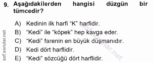 9. soru: Aşağıdakilerden hangisi düzgün bir tümcedir? A) Kedinin ilk harfi "K" harfidir. B) "Kedi" ile "köpek" hep kavga eder.…