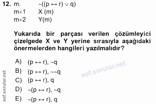 12. soru: m. ~((P → г) v q) m+1 X (m) m+2 Y(m) Yukarıda bir parçası verilen çözümleyici çizelgede X ve Y yerine sırasıyla aşağı…
