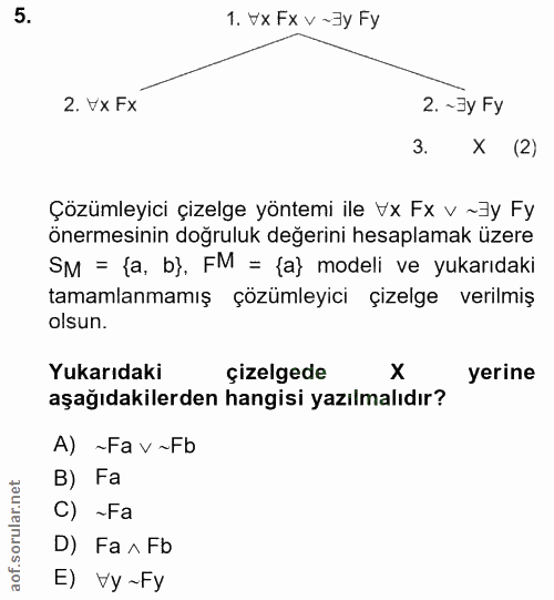 5. soru: 1. vx Fx v~3yFy 2. Vx Fx 2. ~Jy Fy 3. X (2) Çözümleyici çizelge yöntemi ile Vx Fx v ~Jy Fy önermesinin doğruluk değer…