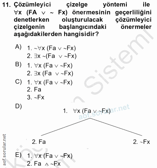 11. soru: Çözümleyici çizelge yöntemi ile Vx (FA V ~ Fx) önermesinin geçerliliğini denetlerken oluşturulacak çözümleyici çizelg…