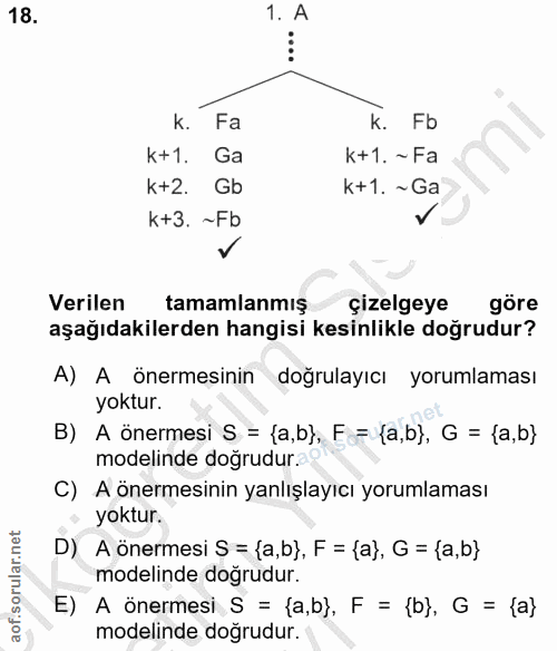 18. soru: 1. A Fa K. Fb k+1. Ga k+1. ~ Fa k+2. Gb k+1. ~ Ga k+3. ~Fb v Verilen tamamlanmış çizelgeye göre aşağıdakilerden hangi…