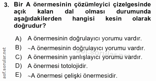 3. soru: Bir A önermesinin çözümleyici çizelgesinde açık kalan dal olması durumunda aşağıdakilerden hangisi kesin olarak doğru…