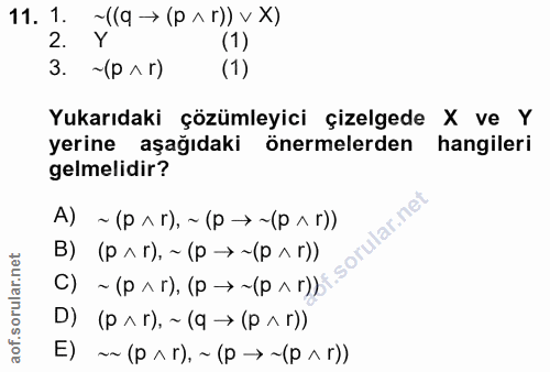 11. soru: 1. ~((9 → (p ^ r)) v X) 2. Y (1) 3. ~(p ^ г) (1) Yukarıdaki çözümleyici çizelgede X ve Y yerine aşağıdaki önermelerde…