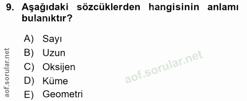 9. soru: Aşağıdaki sözcüklerden hangisinin anlamı bulanıktır? A) Sayı B) Uzun C) Oksijen D) Küme E) Geometri