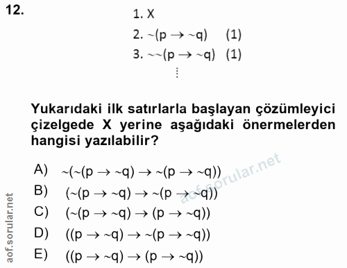 12. soru: 1. X 2.~(p →~q) (1) 3.~~(p →~q) (1) Yukarıdaki ilk satırlarla başlayan çözümleyici çizelgede × yerine aşağıdaki önerm…