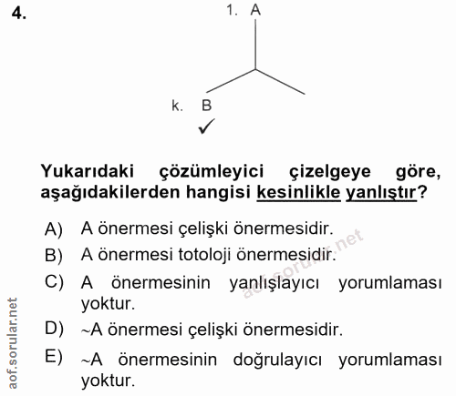 4. soru: A k. B Yukarıdaki çözümleyici çizelgeye göre, aşağıdakilerden hangisi kesinlikle yanlıştır? A) A önermesi çelişki öne…