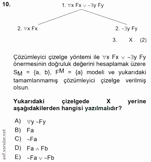 10. soru: 1. tx Fx v~3y Fy 2. Vx Fx 2. ~Зy Fy x (2) Çözümleyici çizelge yöntemi ile Vx Fx v ~3y Fy önermesinin doğruluk değerin…