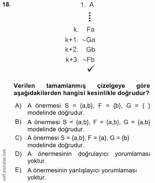 18. soru: 1. A k. Fa k+1. ~Ga k+2. Gb k+3. ~Fb v Verilen tamamlanmış çizelgeye göre aşağıdakilerden hangisi kesinlikle doğrudur…