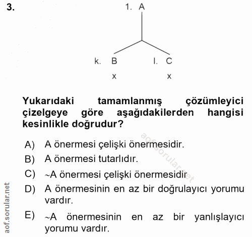 3. soru: A k. 1. C x x Yukarıdaki tamamlanmış çözümleyici çizelgeye göre aşağıdakilerden hangisi kesinlikle doğrudur? A) A öne…