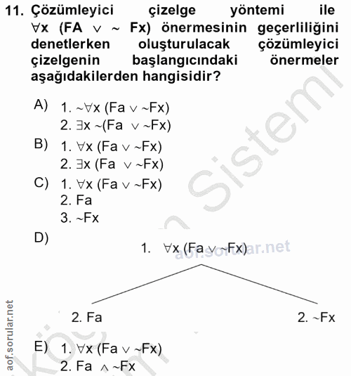 11. soru: Çözümleyici çizelge yöntemi ile Vx (FA V ~ Fx) önermesinin geçerliliğini denetlerken oluşturulacak çözümleyici çizelg…