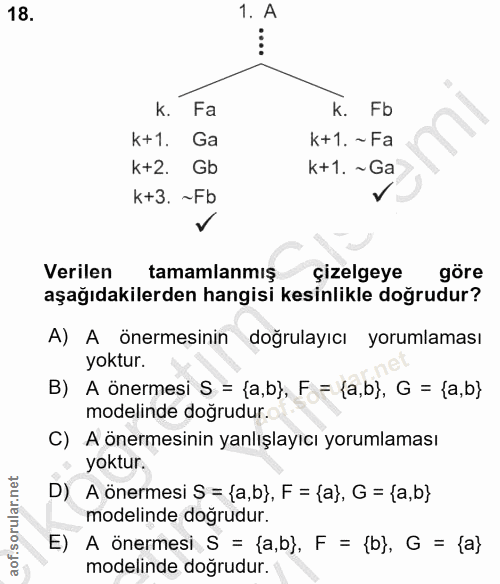 18. soru: 1. A k. Fa K. Fb k+1. Ga k+1. ~ Fa k+2. Gb k+1. ~ Ga k+3. ~Fb v Verilen tamamlanmış çizelgeye göre aşağıdakilerden ha…