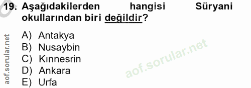 19. soru: Aşağıdakilerden hangisi Süryani okullarından biri değildir? A) Antakya B) Nusaybin C) Kınnesrin D) Ankara E) Urfa