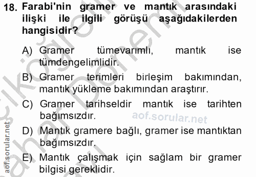 18. soru: Farabi'nin gramer ve mantık arasındaki ilişki ile ilgili görüşü aşağıdakilerden hangisidir? A) Gramer tümevarımli, ma…