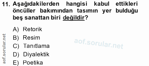 11. soru: Aşağıdakilerden hangisi kabul ettikleri öncüller bakımından tasımın yer bulduğu beş sanattan biri değildir? A) Retori…