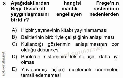 8. soru: Aşağıdakilerden hangisi Frege'nin Begriffsschrift mantık sisteminin yaygınlaşmasını engelleyen nedenlerden biridir? A…