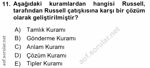 11. soru: Aşağıdaki kuramlardan hangisi Russell, tarafından Russell çatışkısına karşı bir çözüm olarak geliştirilmiştir? A) Tam…