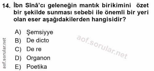 14. soru: İbn Sînâ'cı geleneğin mantık birikimini özet bir şekilde sunması sebebi ile önemli bir yeri olan eser aşağıdakilerden…