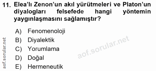 11. soru: Elea'lı Zenon'un akıl yürütmeleri ve Platon'un diyalogları felsefede hangi yöntemin yaygınlaşmasını sağlamıştır? A) F…