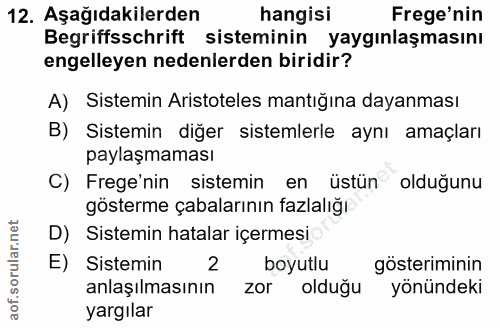 12. soru: Aşağıdakilerden hangisi Frege'nin Begriffsschrift sisteminin yaygınlaşmasını engelleyen nedenlerden biridir? A) Siste…