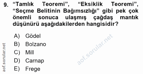9. soru: "Tamlık Teoremi", "Eksiklik Teoremi", "Seçme Belitinin Bağımsızlığı" gibi pek çok önemli sonuca ulaşmış çağdaş mantık…