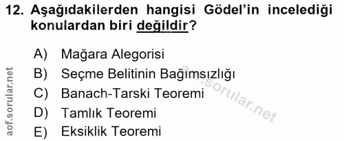 12. soru: Aşağıdakilerden hangisi Gödel'in incelediği konulardan biri değildir? A) Mağara Alegorisi B) Seçme Belitinin Bağımsız…