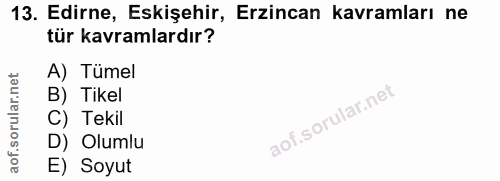 13. soru: Edirne, Eskişehir, Erzincan kavramları ne tür kavramlardır? A) Tümel B) Tikel C) Tekil D) Olumlu E) Soyut