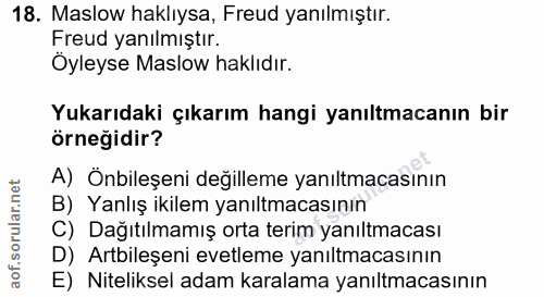 18. soru: Maslow haklıysa, Freud yanılmıştır. Freud yanılmıştır. Öyleyse Maslow haklıdır. Yukarıdaki çıkarım hangi yanıltmacanı…