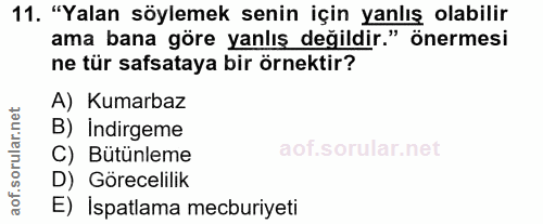 11. soru: "Yalan söylemek senin için yanlış olabilir ama bana göre yanlış değildir." önermesi ne tür safsataya bir örnektir? A)…
