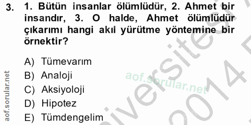 3. soru: 1. Bütün insanlar ölümlüdür, 2. Ahmet bir insandır, 3. O halde, Ahmet ölümlüdür çıkarımı hangi akıl yürütme yöntemine…