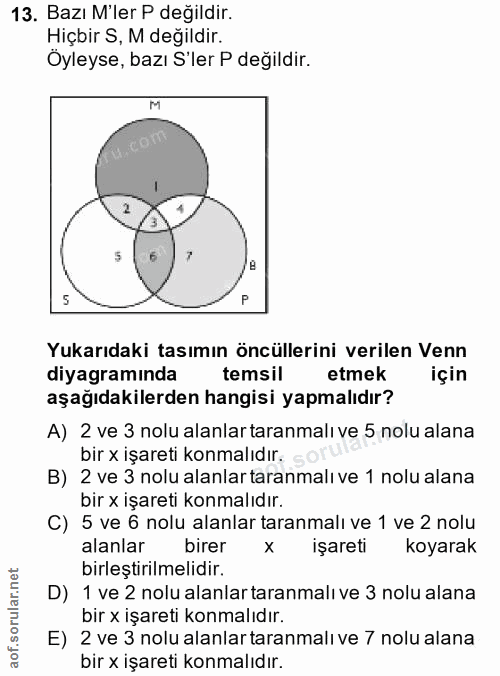 13. soru: Bazı M'ler P değildir. Hiçbir S, M değildir. Öyleyse, bazı S'ler P değildir. 5 P Yukarıdaki tasımın öncüllerini veril…