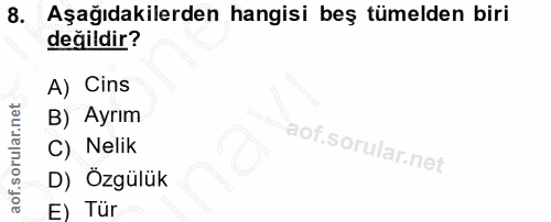 8. soru: Aşağıdakilerden hangisi beş fümelden biri değildir? A) Cins B) Ayrım C) Nelik D) Özgülük E) Tür