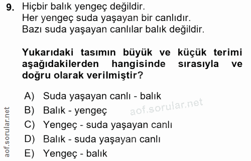 9. soru: Hiçbir balık yengeç değildir. Her yengeç suda yaşayan bir canlıdır. Bazı suda yaşayan canlılar balık değildir. Yukarı…