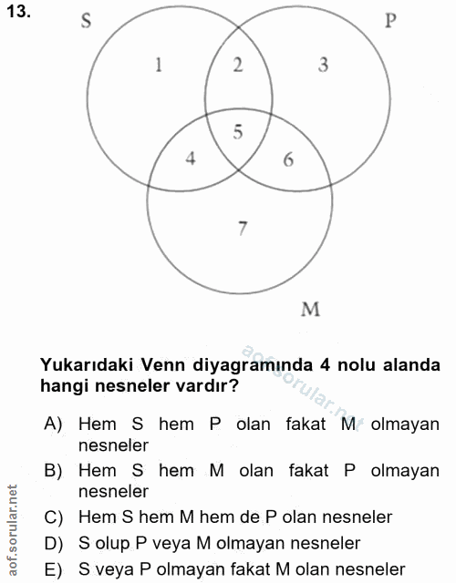 13. soru: S P 1 3 M Yukarıdaki Venn diyagramında 4 nolu alanda hangi nesneler vardır? A) Hem S hem P olan fakat M olmayan nesne…
