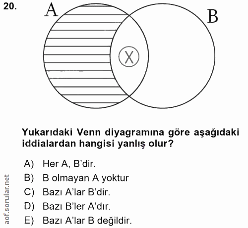 20. soru: A B Yukarıdaki Venn diyagramına göre aşağıdaki iddialardan hangisi yanlış olur? A) Her A, B' dir. B)B olmayan A yoktu…