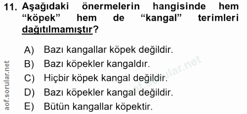 11. soru: Aşağıdaki önermelerin hangisinde hem "köpek" hem de "kangal" terimleri dağıtılmamıştır? A) Bazı kangallar köpek değil…