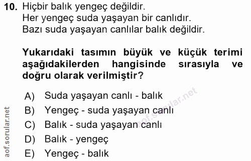 10. soru: Hiçbir balık yengeç değildir. Her yengeç suda yaşayan bir canlıdır. Bazı suda yaşayan canlılar balık değildir. Yukarı…