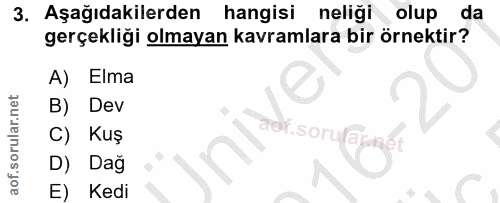 3. soru: Aşağıdakilerden hangisi neliği olup da gerçekliği olmayan kavramlara bir örnektir? A) Elma B) Dev C) Kuş .sorula D) D…
