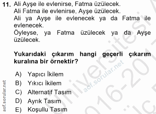 11. soru: Ali Ayşe ile evlenirse, Fatma üzülecek. Ali Fatma ile evlenirse, Ayşe üzülecek. Ali ya Ayşe ile evlenecek ya da Fatma…