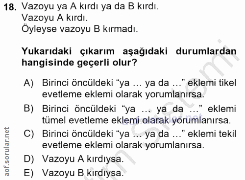 18. soru: Vazoyu ya A kırdı ya da B kırdı. Vazoyu A kırdı. Öyleyse vazoyu B kırmadı. Yukarıdaki çıkarım aşağıdaki durumlardan h…