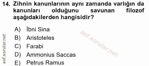 14. soru: Zihnin kanunlarının aynı zamanda varlığın da kanunları olduğunu savunan filozof aşağıdakilerden hangisidir? A) Ibni S…