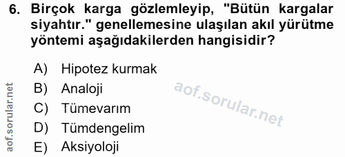6. soru: Birçok karga gözlemleyip, "Bütün kargalar siyahtır." genellemesine ulaşılan akıl yürütme yöntemi aşağıdakilerden hang…