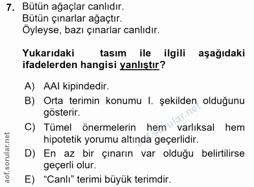 7. soru: Bütün ağaçlar canlıdır. Bütün çınarlar ağaçtır. Öyleyse, bazı çınarlar canlıdır. Yukarıdaki tasım ile ilgili aşağıdak…