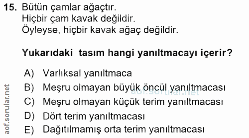 15. soru: Bütün çamlar ağaçtır. Hiçbir çam kavak değildir. Öyleyse, hiçbir kavak ağaç değildir. Yukarıdaki tasım hangi yanıltma…