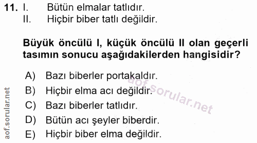 11. soru: 1. Bütün elmalar tatlıdır. Il. Hiçbir biber tatlı değildir. Büyük öncülü 1, küçük öncülü II olan geçerli tasımın sonu…