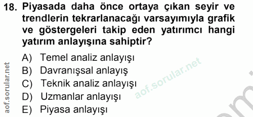 18. soru: Piyasada daha önce ortaya çıkan seyir ve trendlerin tekrarlanacağı varsayımıyla grafik ve göstergeleri takip eden yat…
