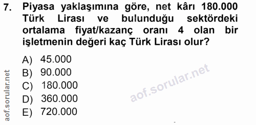7. soru: Piyasa yaklaşımına göre, net kârı 180.000 Türk Lirası ve bulunduğu sektördeki ortalama fiyat/kazanç oranı 4 olan bir…